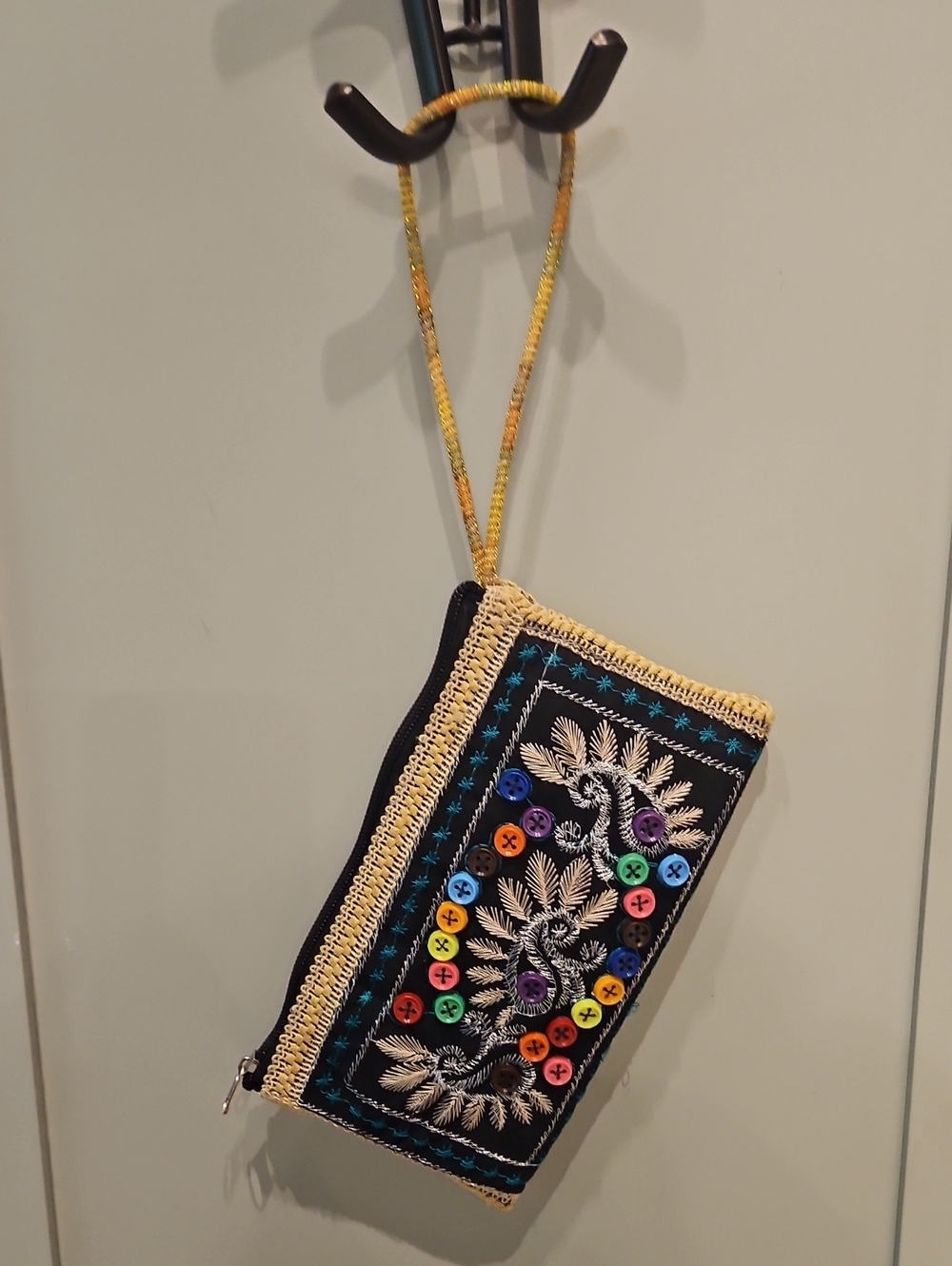 Vintage Black Wristlet with Cream Embroidery & Multicolor Buttons